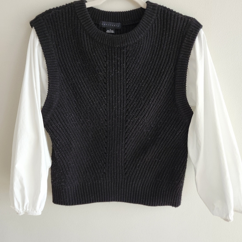 Sanctuary Black Knit Vest with White Sleeves